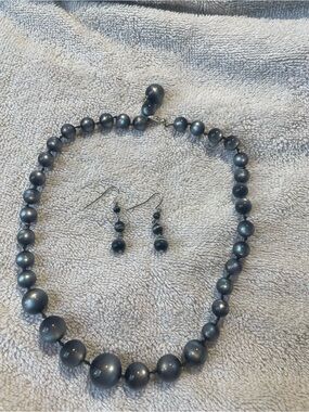 Classic Black Iridescent Bead Necklace and Earring Set